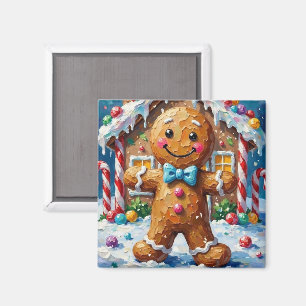 Cute Gingerbread Man Cheerful Christmas Cookie Art Magnet