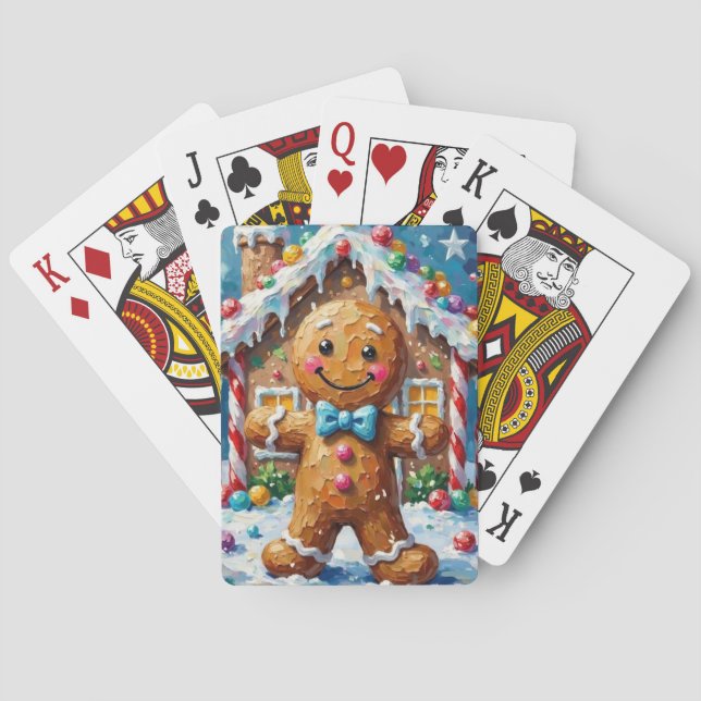 Cute Gingerbread Man Cheerful Christmas Cookie Art Playing Cards (Back)