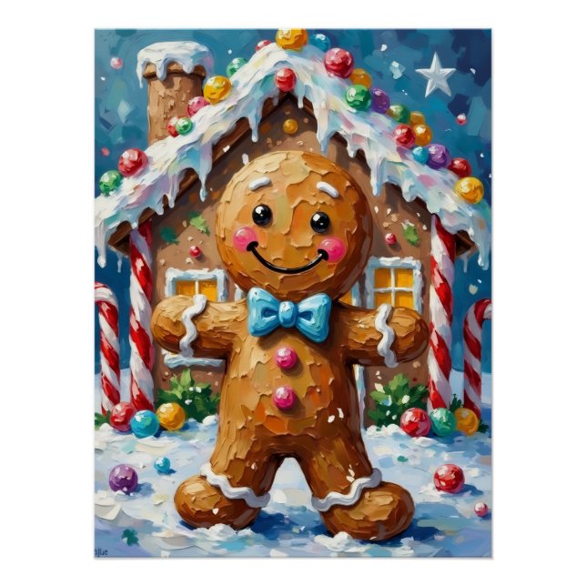 Cute Gingerbread Man Cheerful Christmas Cookie Art Poster (Front)