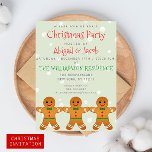 Cute Gingerbread Man   Christmas Party Sage Green Invitation