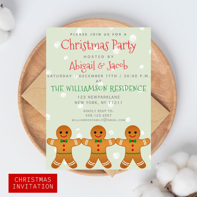 Cute Gingerbread Man | Christmas Party Sage Green Invitation (Creator Uploaded)