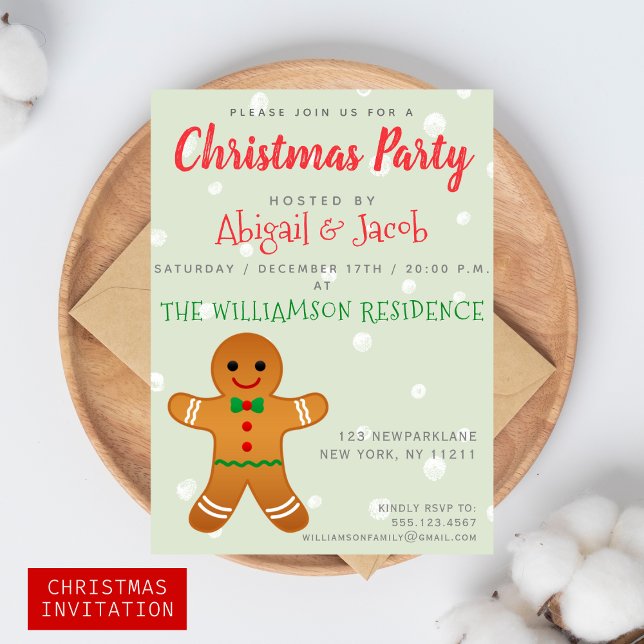 Cute Gingerbread Man | Christmas Party Sage Green Invitation (Creator Uploaded)