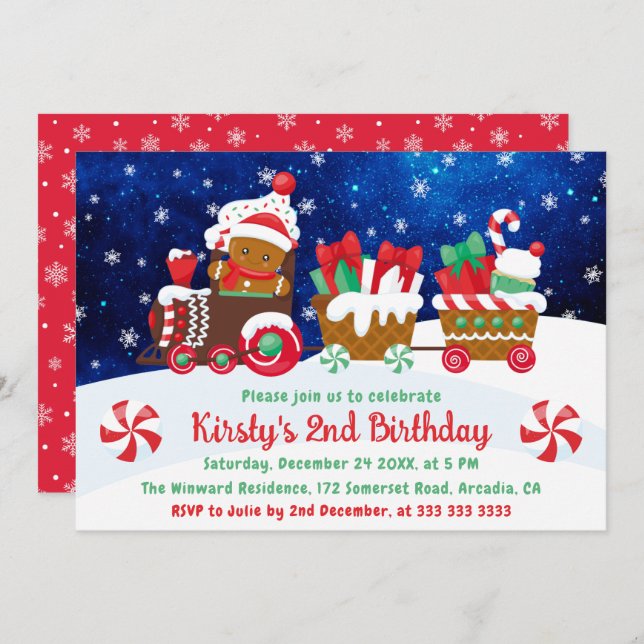 Cute Gingerbread Man Christmas Train Kids Birthday Invitation (Front/Back)