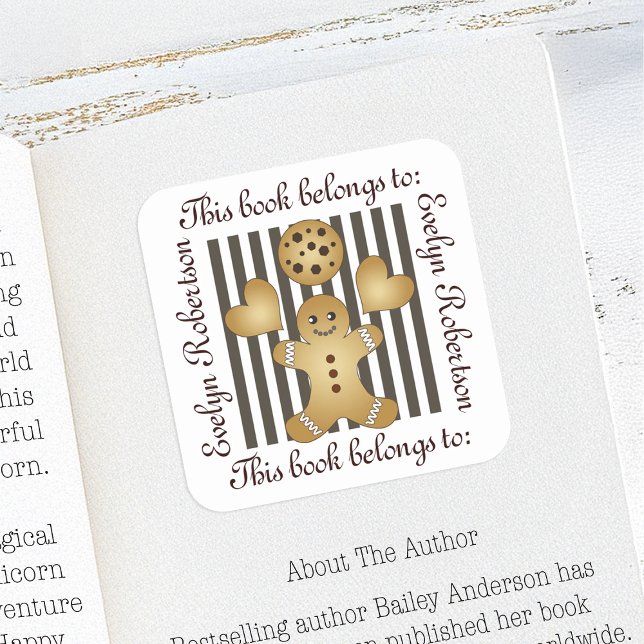 Cute Gingerbread Man Cookie Bookplate Square Sticker (Creator Uploaded)