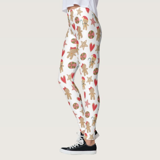 Cute Gingerbread Man Cookie Hearts Stars on White  Leggings (Left)