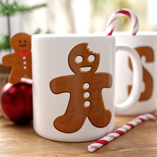 Cute Gingerbread Man Cookie Monogram Christmas Large Coffee Mug (A fun and festive large coffee mug featuring a Christmas Cookie  Gingerbread Man and your initial)