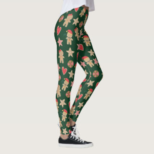 Cute Gingerbread Man Cookie Stars Hearts on Green Leggings