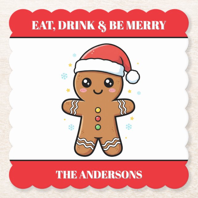 Cute Gingerbread Man Custom Christmas  Paper Coaster (Front)