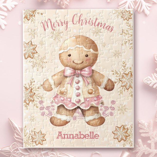 Cute Gingerbread Man Girl Pink Name Christmas Jigsaw Puzzle (Cute Gingerbread Man Girl Pink Name Christmas Jigsaw Puzzle)