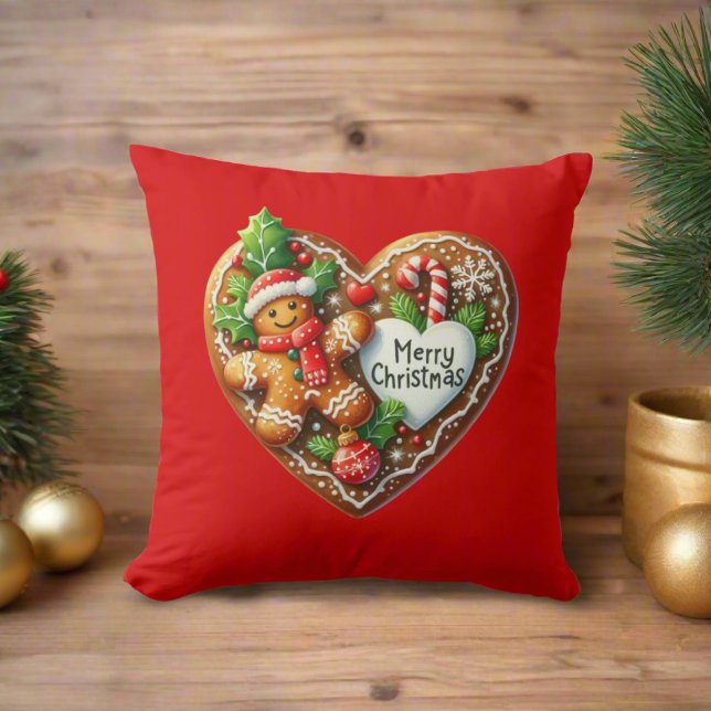 Cute Gingerbread Man Heart Merry Christmas Red  Cushion (Creator Uploaded)