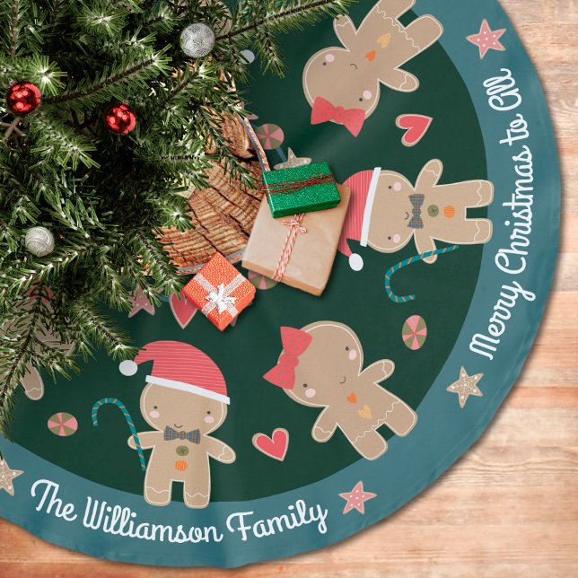 Cute Gingerbread Man Holiday Rustic Green Custom Brushed Polyester Tree Skirt (Creator Uploaded)