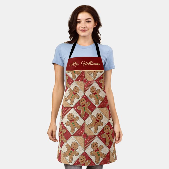 Cute Gingerbread Man Patchwork Pattern Style Apron (Worn)
