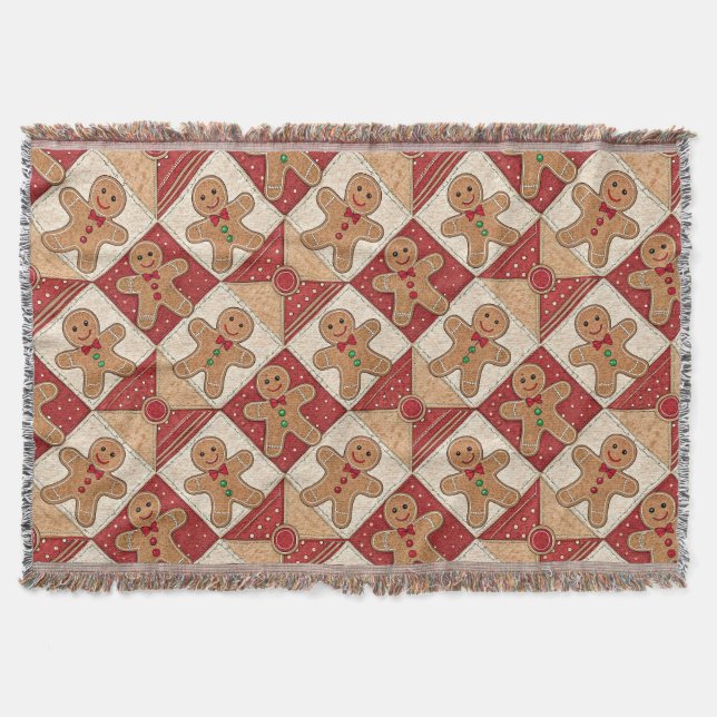 Cute Gingerbread Man Patchwork Pattern Style Throw Blanket (Front)
