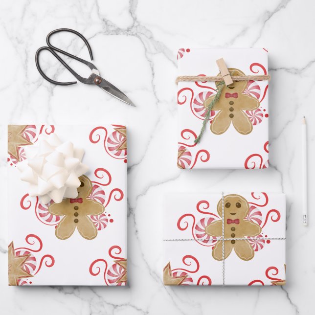 Cute Gingerbread Man & Peppermint Candy Christmas Wrapping Paper Sheet (Front)