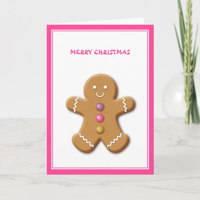 Cute Gingerbread Man Pink Christmas Holiday Card (Front)