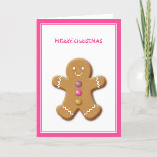 Cute Gingerbread Man Pink Christmas Holiday Card