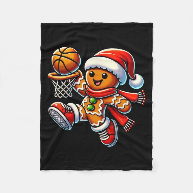 Cute Gingerbread Man Playing Basketball Christmas  Fleece Blanket (Front)