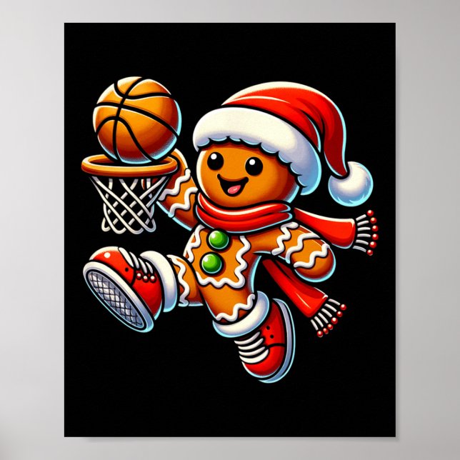 Cute Gingerbread Man Playing Basketball Christmas  Poster (Front)