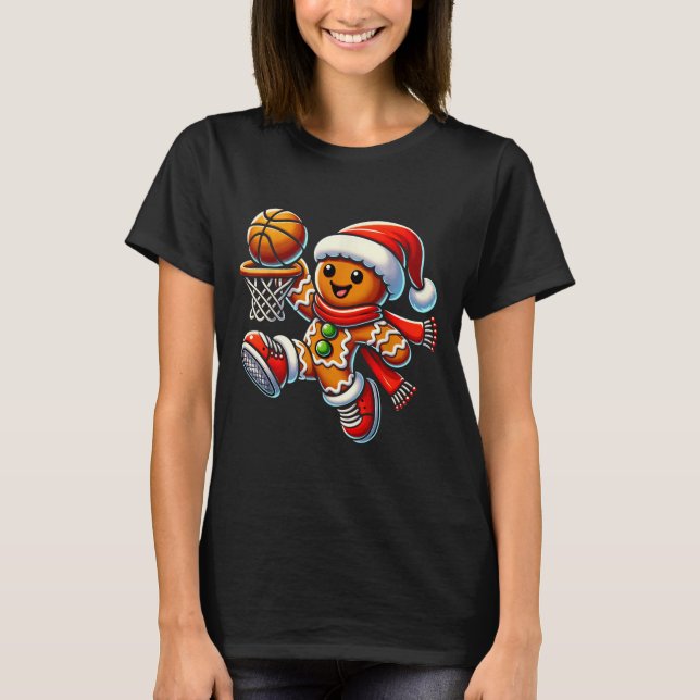 Cute Gingerbread Man Playing Basketball Christmas  T-Shirt (Front)