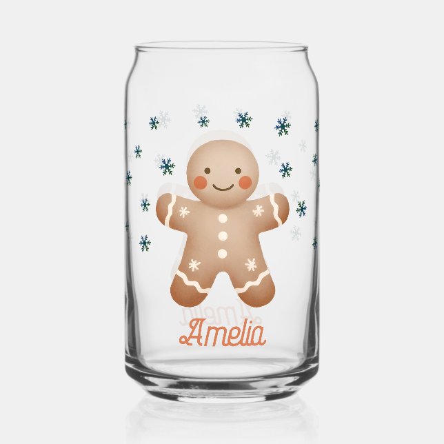 Cute Gingerbread Man Snowflakes Name Christmas Can Glass (Front)