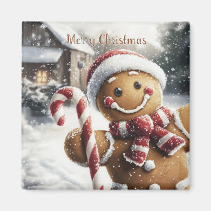 Cute Gingerbread Man with Candy Cane Magnet