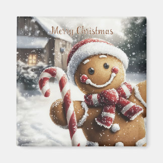 Cute Gingerbread Man with Candy Cane Magnet
