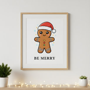 Cute Gingerbread Man with Santa Hat Christmas Poster