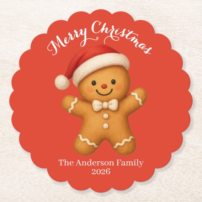 Cute Gingerbread Man with Santa Hat -  Paper Coaster (Front)