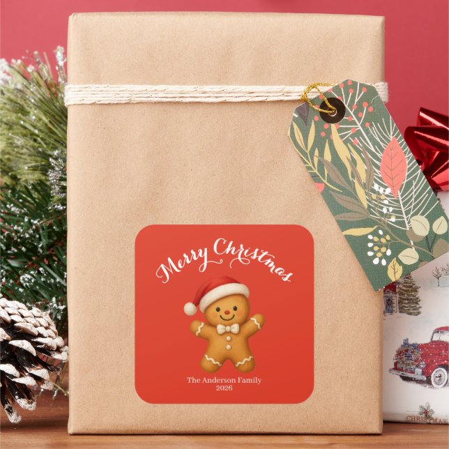 Cute Gingerbread Man with Santa Hat -  Square Sticker (Holiday)