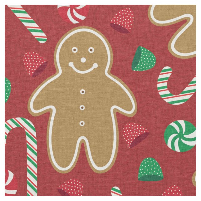 Cute Gingerbread Men Gumdrops Candy Cane on Red Fabric (Close Up)