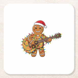 Cute Gingerbread Musician Playing Guitar Square Paper Coaster
