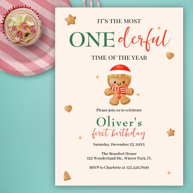 Cute Gingerbread Onederful Christmas 1st Birthday Invitation (Creator Uploaded)