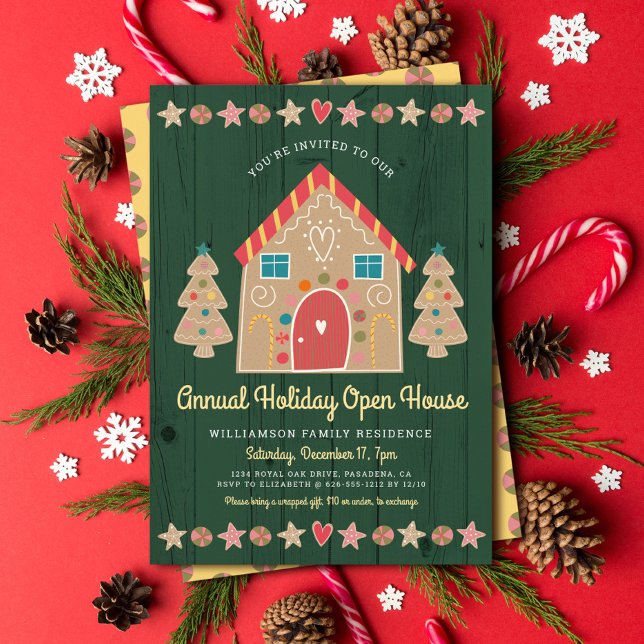Cute Gingerbread Open House Green Rustic Christmas Invitation (Creator Uploaded)