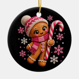 Cute Gingerbread Pink Candy Cane Christmas Girls Ceramic Ornament