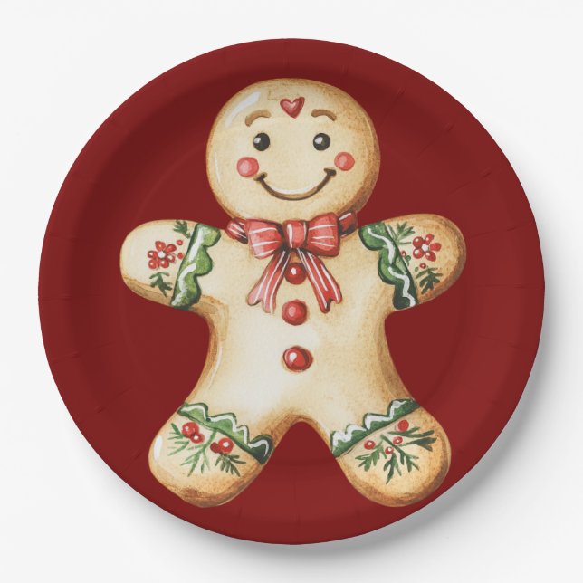 Cute Gingerbread Red Christmas  Paper Plate (Front)