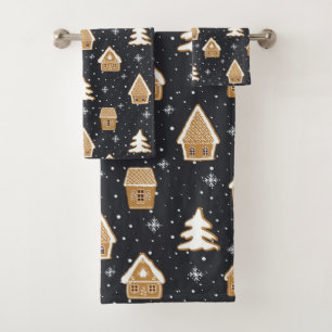 Cute Gingerbread Village Fir Trees Blue Christmas  Bath Towel Set