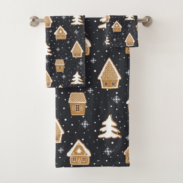 Cute Gingerbread Village Fir Trees Blue Christmas  Bath Towel Set (Insitu)