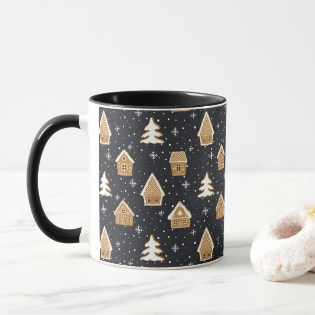 Cute Gingerbread Village Fir Trees Blue Christmas  Mug (With Donut)
