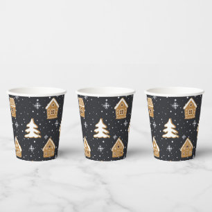 Cute Gingerbread Village Fir Trees Blue Christmas Paper Cups