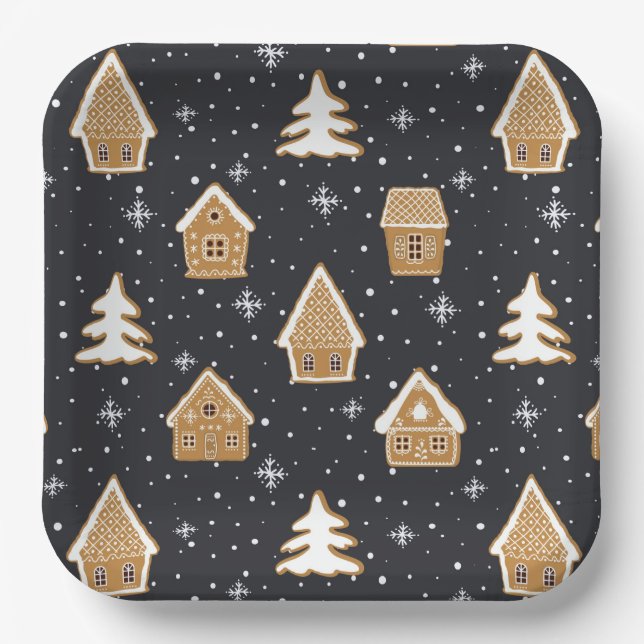 Cute Gingerbread Village Fir Trees Blue Christmas  Paper Plate (Front)