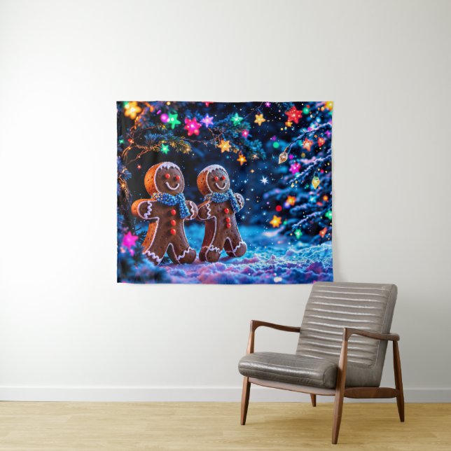 Cute gingerbread winter starry lights art tapestry (In Situ (Horizontal))