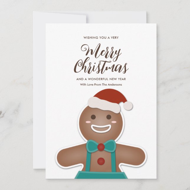 Cute Gingerbread with Santa Hat Merry Christmas Holiday Card (Front)