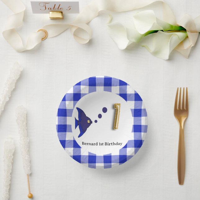 Cute Gingham, Blue Fish & Balloon 1st Birthday Paper Plate (Wedding)