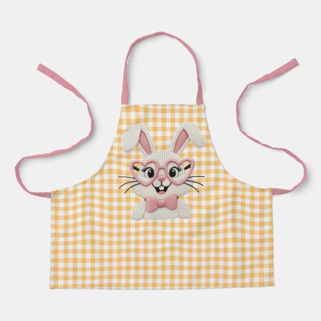 Cute Gingham Bunny Pink Heart Glasses  Apron (Front)