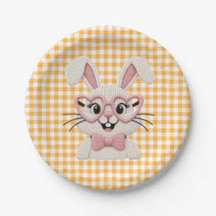 Cute Gingham Bunny Pink Heart Glasses  Paper Plate