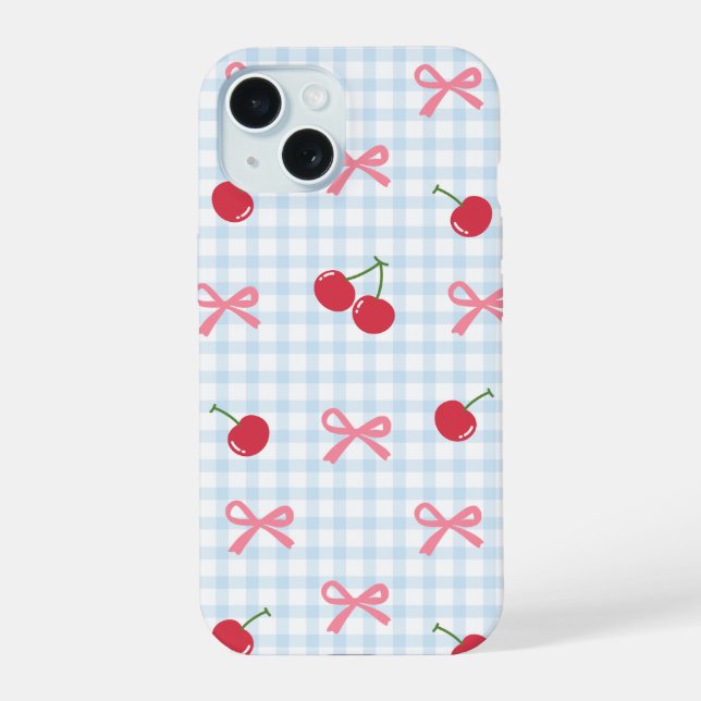 Cute Gingham Cherry iPhone Case with Bow Coquette (Back)