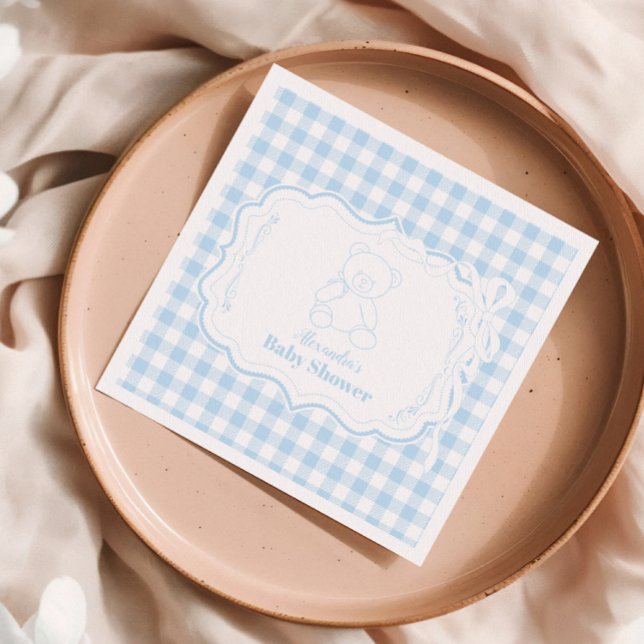 Cute Gingham French Teddy Bear Baby Shower Napkin (Creator Uploaded)