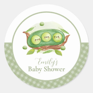 Cute Gingham Greenery Sweet Pea In Pod Baby Shower Classic Round Sticker