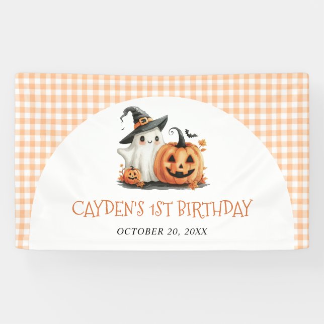 Cute Gingham Halloween Ghost 1st Birthday Banner (Horizontal)