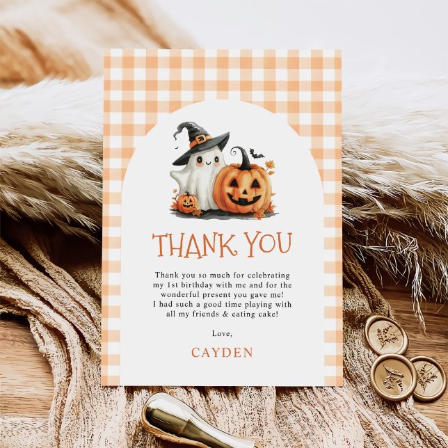 Cute Gingham Halloween Ghost 1st Birthday Thank You Card (Creator Uploaded)
